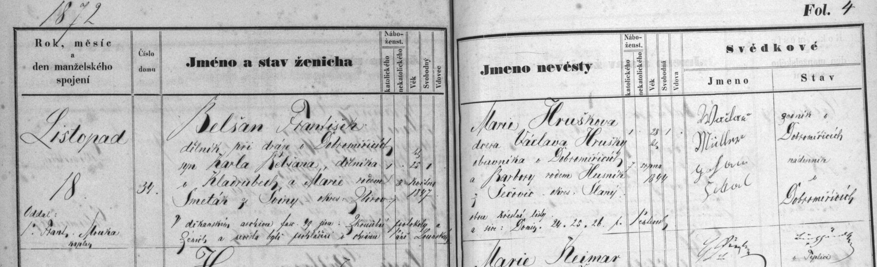 Výřez zápisu: Sňatek Františka Belšana a Marie Hruškové