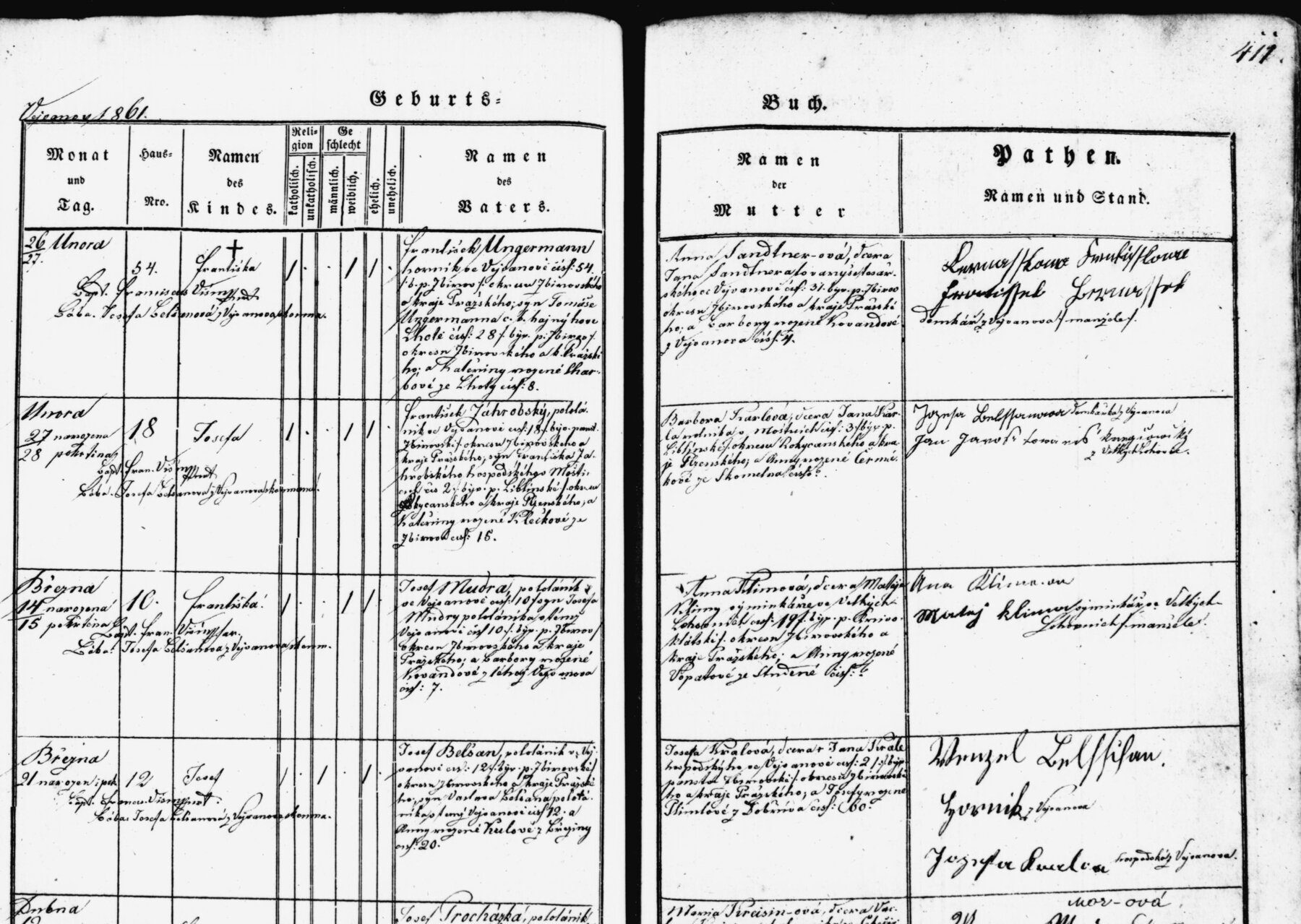 Výřez zápisu: Narození Josefa Belšana ve Vejvanově čp. 12 (praděd žijících Belsanů z Wichity a Chicaga)