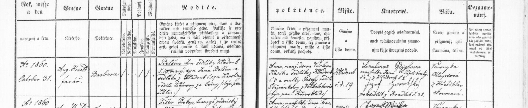 Výřez zápisu: Narození Barbory Belšanové v Kladrubech (pozdější Barbora Smejkal, Chicago)