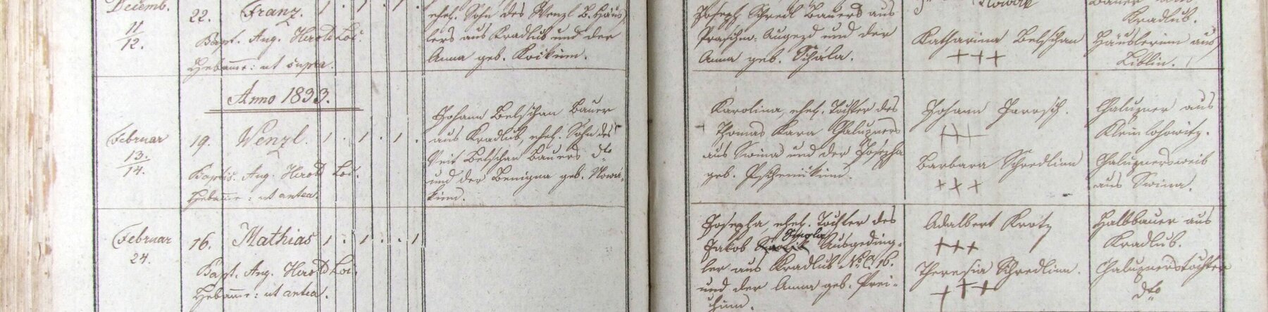 Výřez zápisu: Narození Františka Belšana (1832) v Kladrubech čp. 22