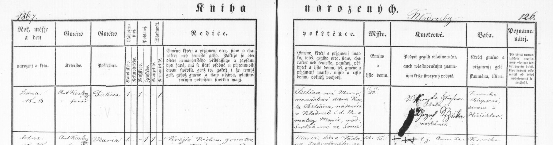 Výřez zápisu: Narození Julia Belšana v Kladrubech čp. 22 (pozdější Julius Belsan, Chicago)
