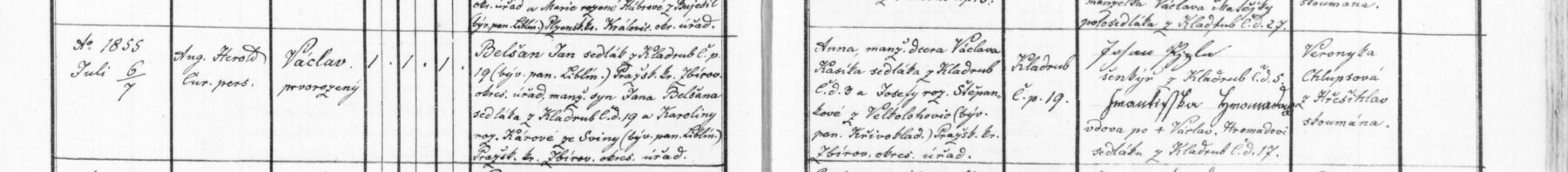 Výřez zápisu: Narození Václava Belšana v Kladrubech (pozdější James Belsan, Chicago)