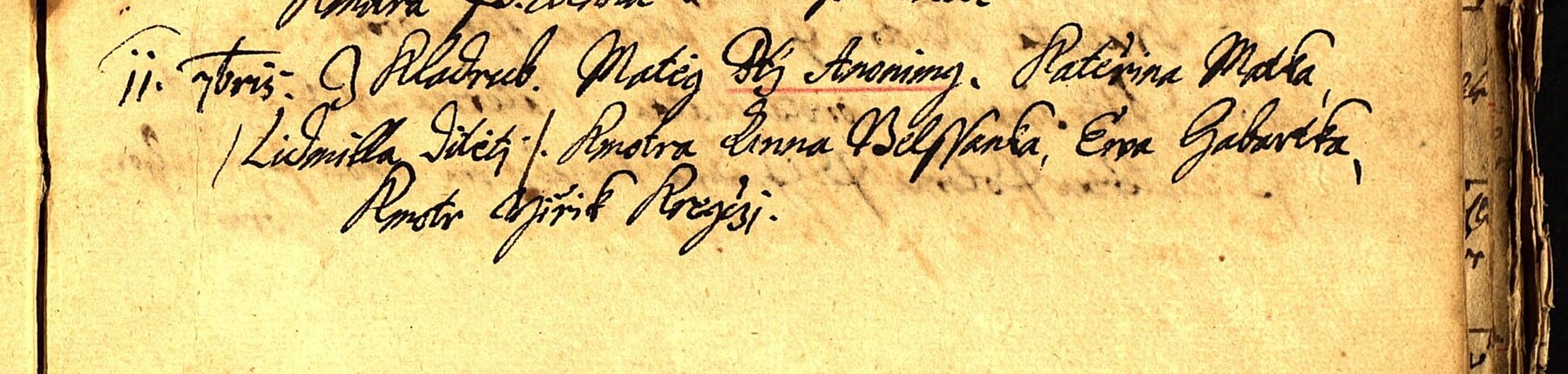 Výřez zápisu: Anna Belšanka z Kladrub jako kmotra (1673)