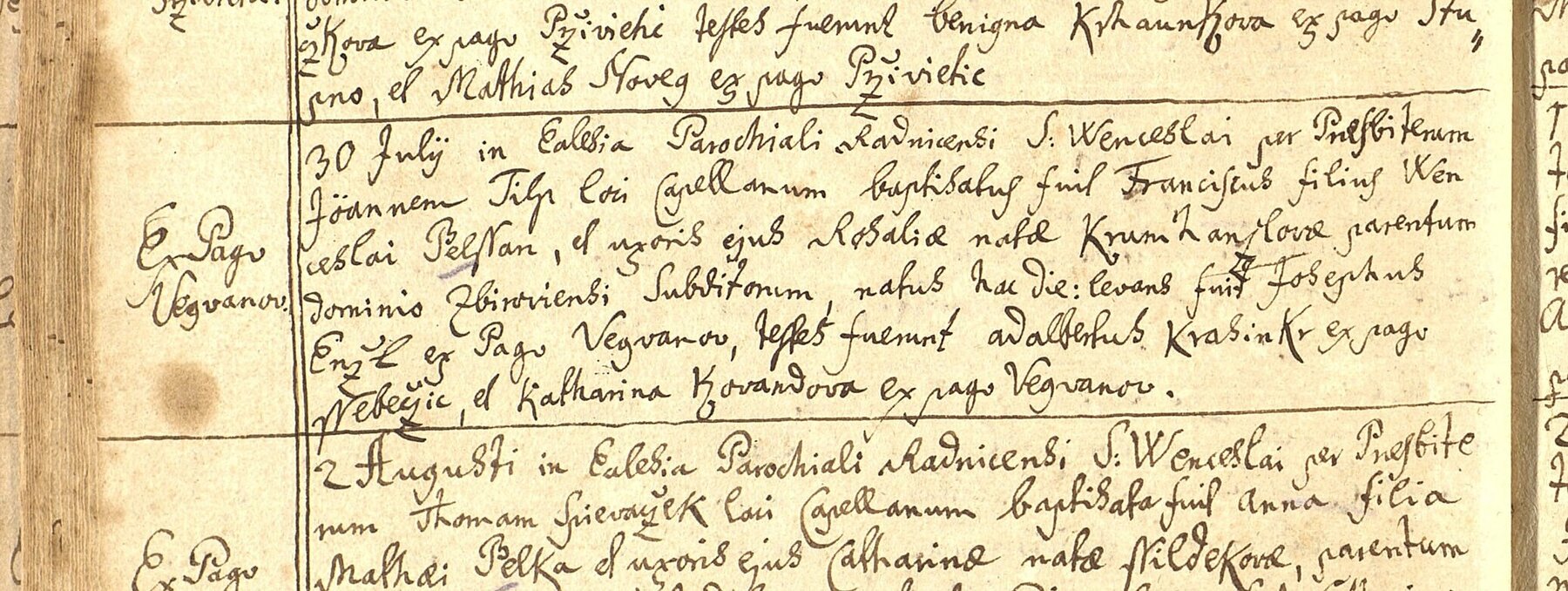 Výřez zápisu: Narození Františka Belšana ve Vejvanově (vejvanovská větev)
