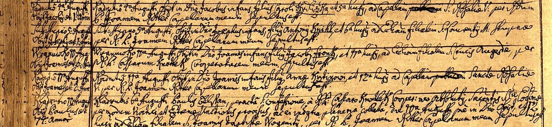 Výřez zápisu: Úmrtí Pavla Belšana v Kladrubech (otec Františka z čp. 15)